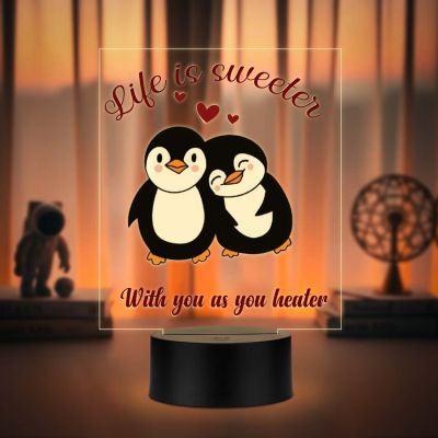 Cute Romantic Couple Penguins Design Acrylic UV Printed LED Night Lamp with Warm White Light  Gift for Couples